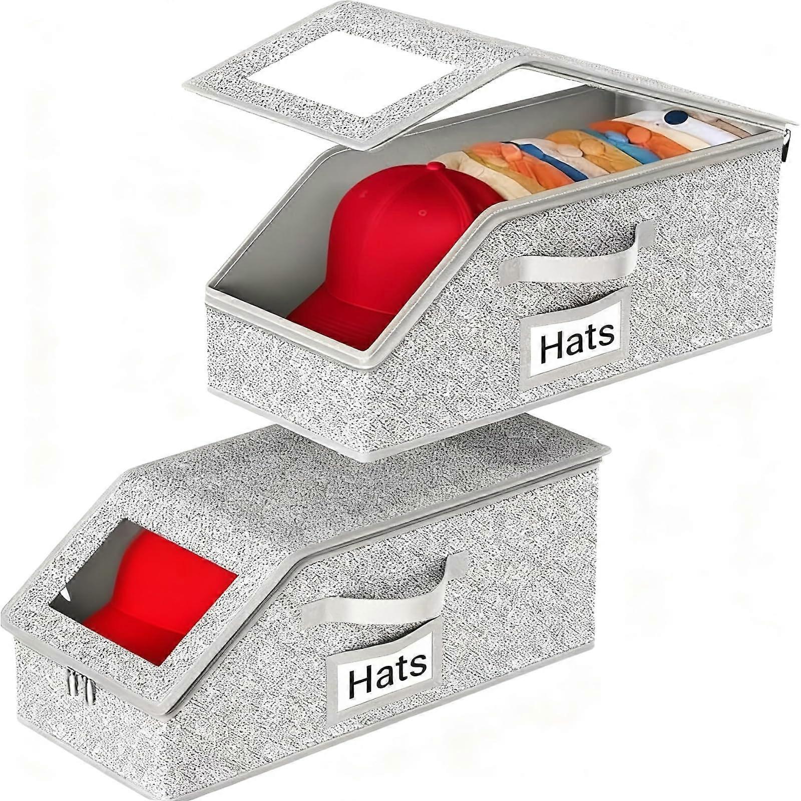 Baseball Cap Storage Box Organizer 2 Pack, Stackable with Clear Window, Holds 30 Hats, Grey