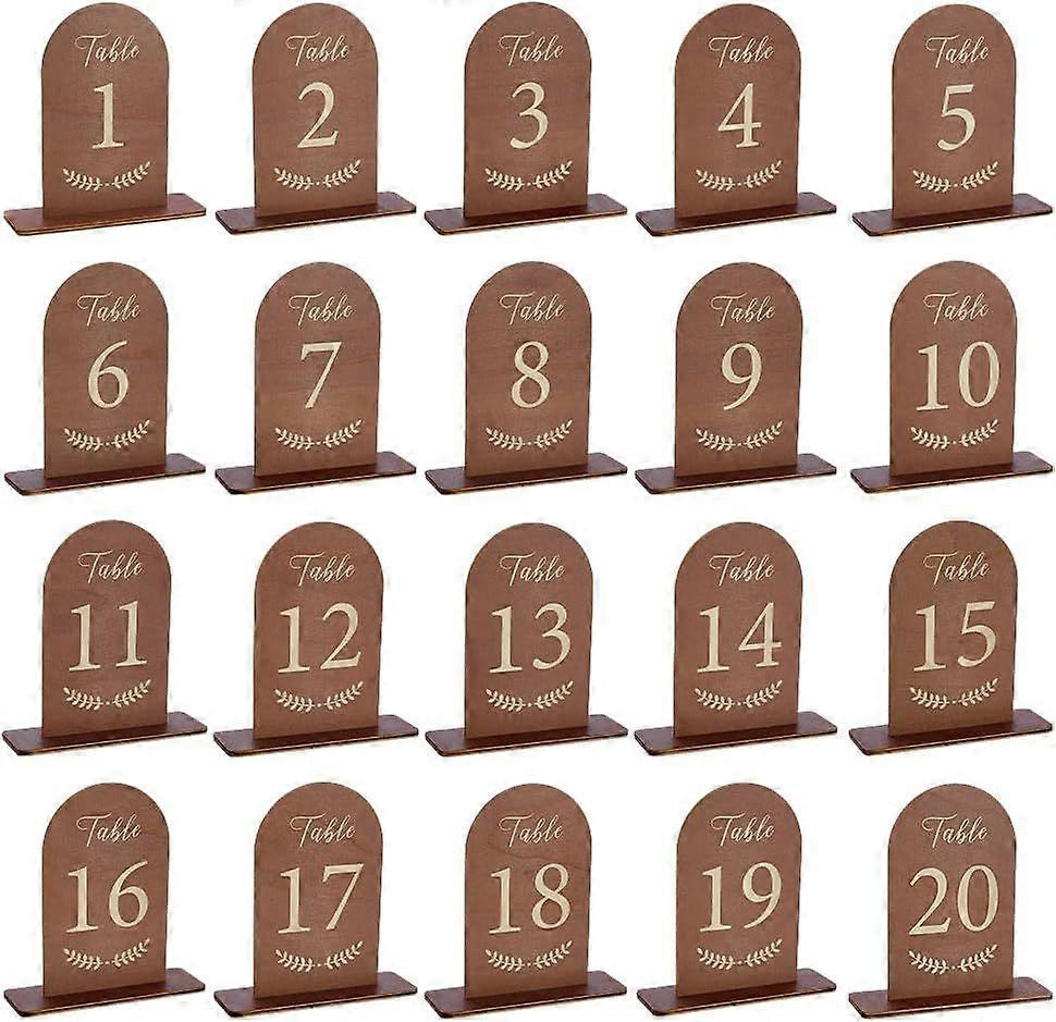 20 Pcs Wooden Wedding Table Numbers 1-20 with Stand Coconut Brown Double Sided Print Arch Table Number Sign with Holder for Bridal Shower Banquet Rest