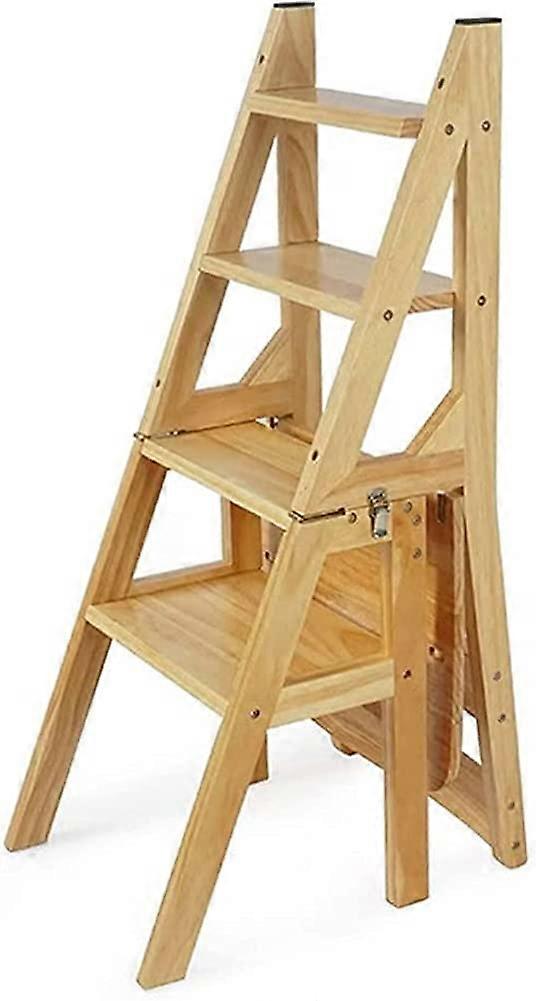 Wooden Folding Step Stool Ladder Chair with 4 Steps for Home, Kitchen, Library (Wood Color R)