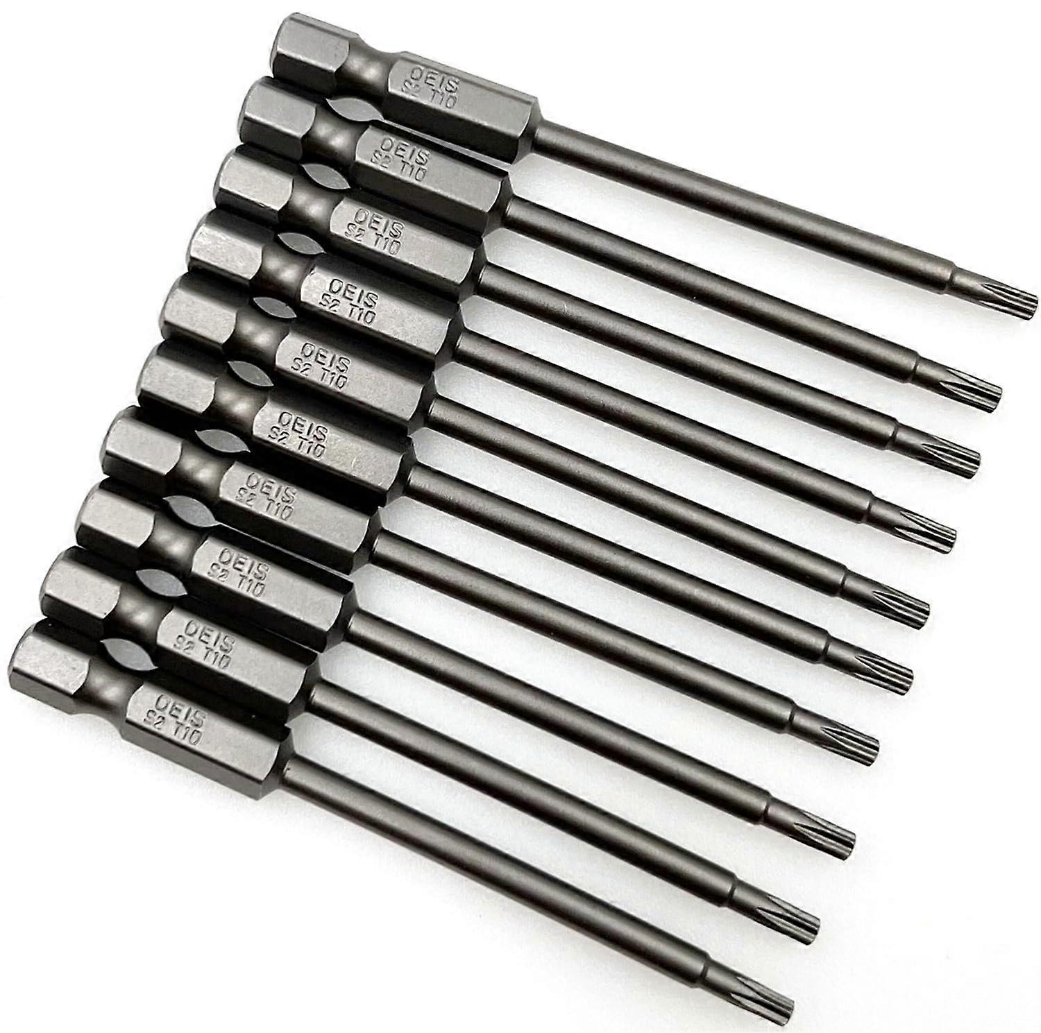 10Pcs T10 Torx Security Screwdriver Bits Set, 75mm Long Magnetic 1/4 Inch Hex Shank