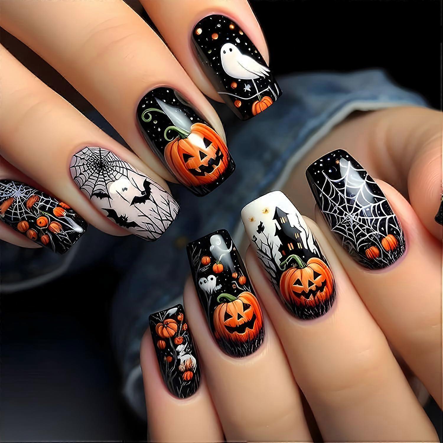 Halloween Ghost Pumpkin Press On Nails Medium Square Glossy Fake Nails Spider Web Design 24Pcs
