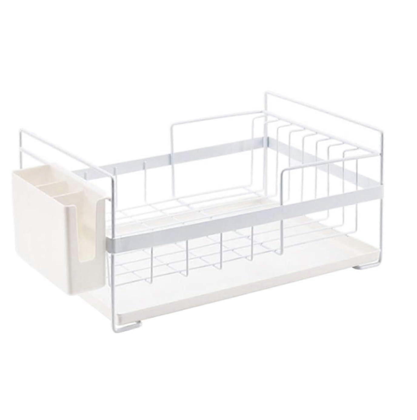 White Dish Drying Rack with Utensil Holder and Drainboard for Kitchen Countertop Storage