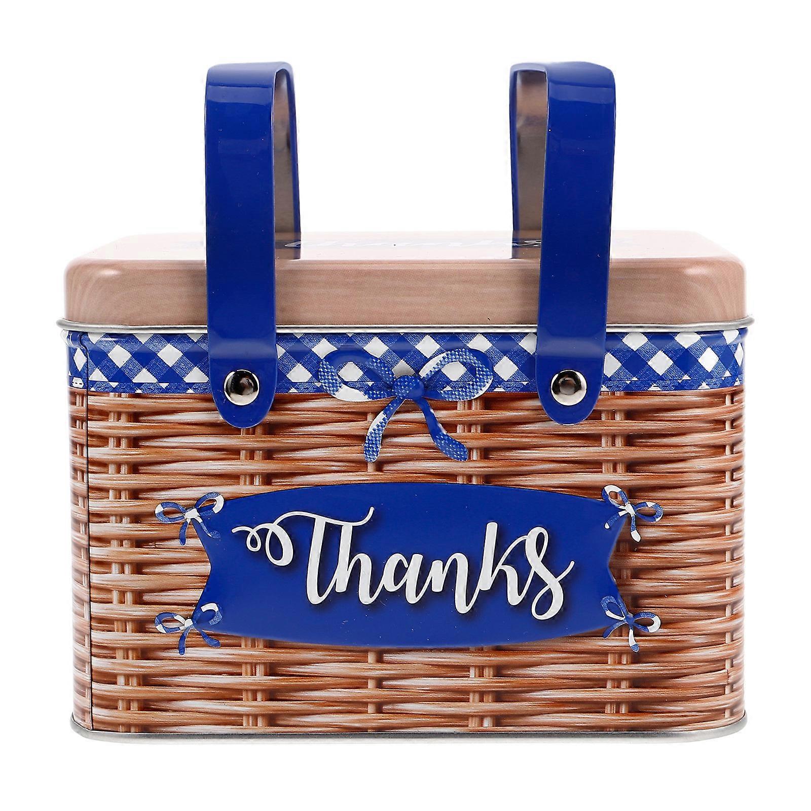 Blue Rectangle Metal Cookie Tin for Storage with Handle