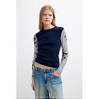 Desigual Marino Fine-knit blue sweater with plain body and  contrasting sleeves 26WWJF28