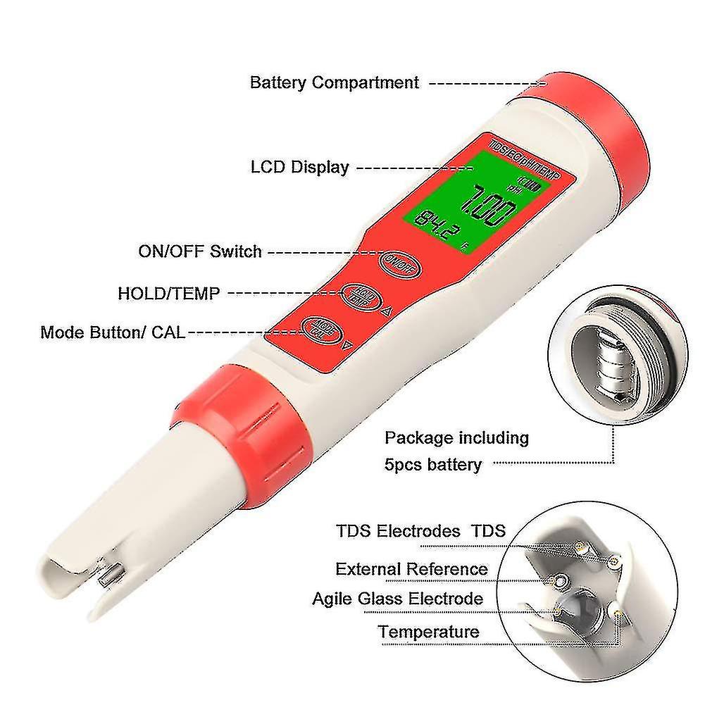 Digital Ph Meter Tester, 0.01 Resolution 0-14ph 4 In 1 Tds Ec Temperature Meter, Water Quality Tester With Backlit Lcd, Auto Calibration, Test For Dri