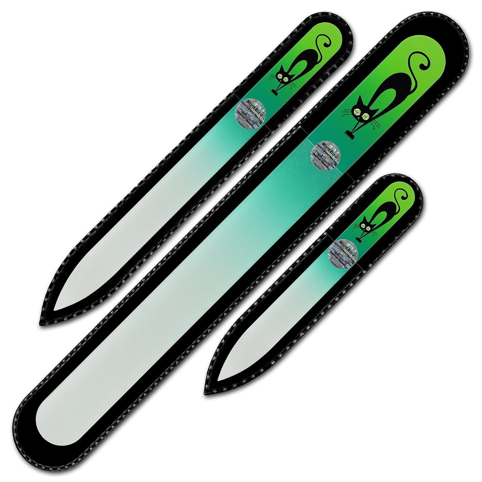 スワロフスキー結晶を使った3つのガラスネイルファイル「猫」のセット - ファーングリーン