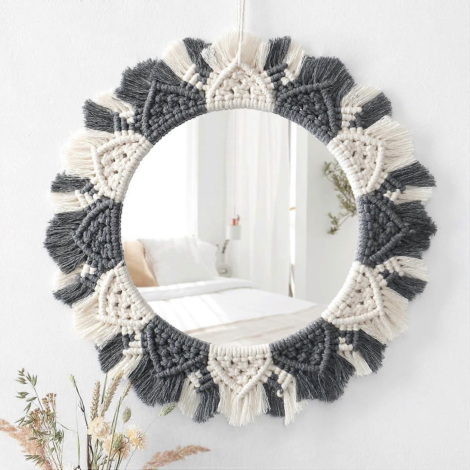 Wall Mirror Boho Macrame Fringe Mirror with Wooden Bead Feather Pendant Round Wall Art Mirror for Be