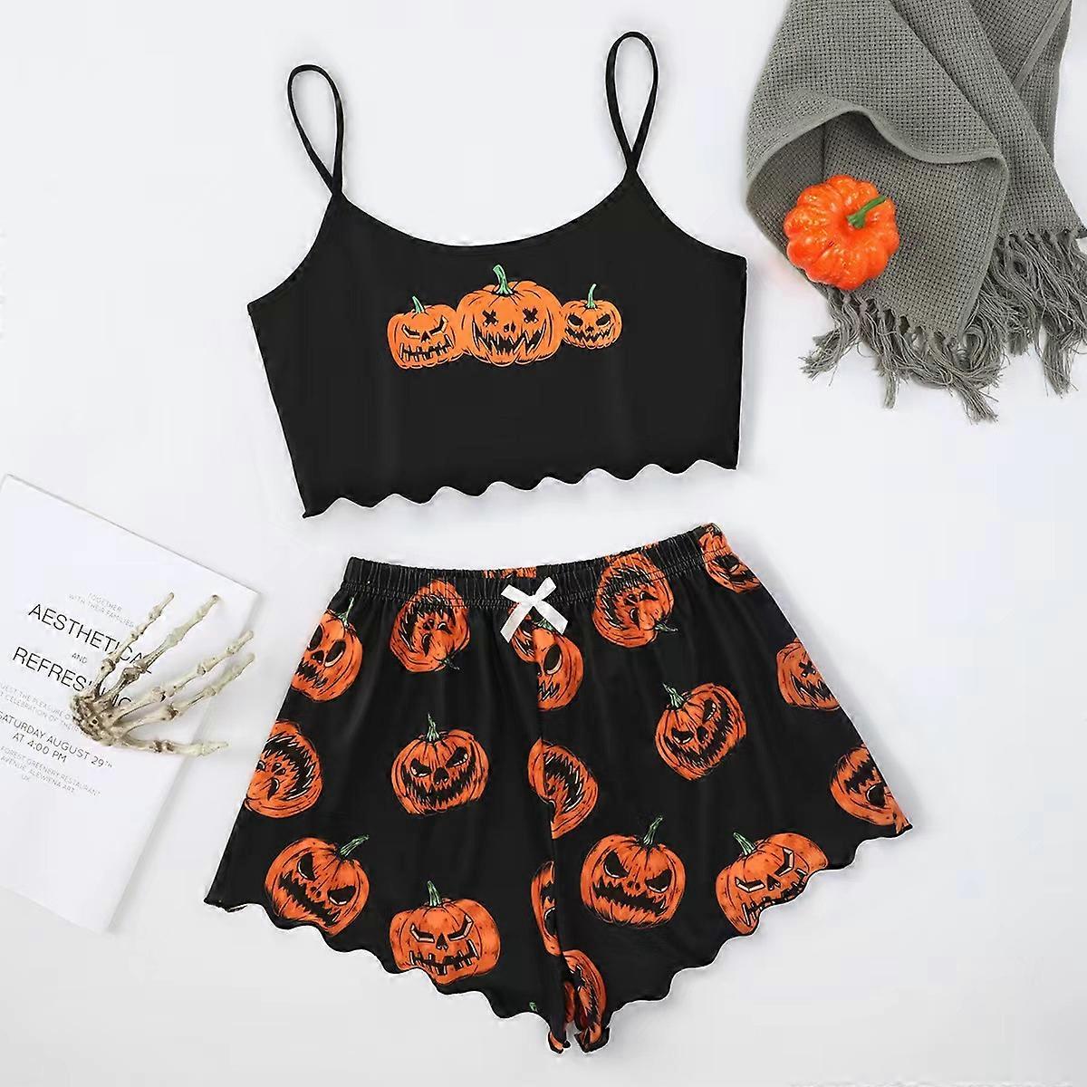 Halloween Pumpkin Print Pajama Set Spooky Pumpkin Head Cosplay Round Neck Camisole Top and Lettuce Side Shorts Homewear