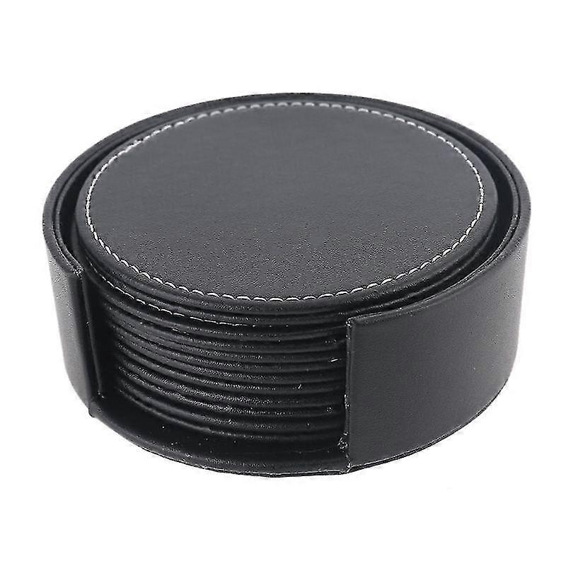 Set Of 6 Leather Drink Coasters Round Cup Mat Pad For Home And Kitchen Use Black