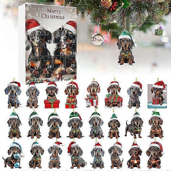 Adventný kalendár 2024 2024 Festivalová dovolenka Adventný kalendár 24-dňový vianočný odpočítavací kalendár Jazvečík prívesok so mikulášskymi klobúkmi 2D vianočné kurča