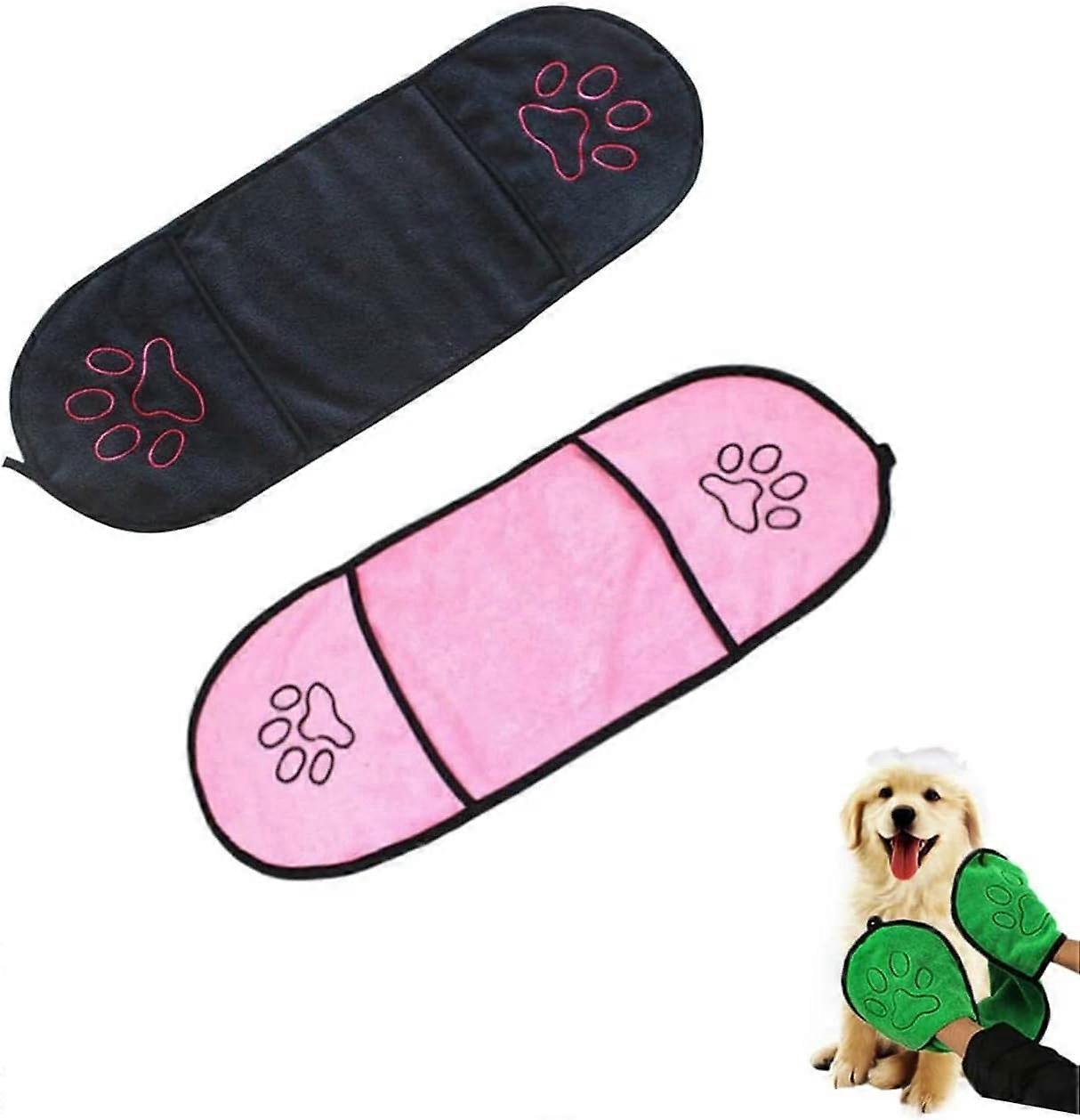 Dog pet bath towel, 2-pack super absorbent soft towel quick drying towel with handbag washable bath pet cat towel pink black 23*65cm