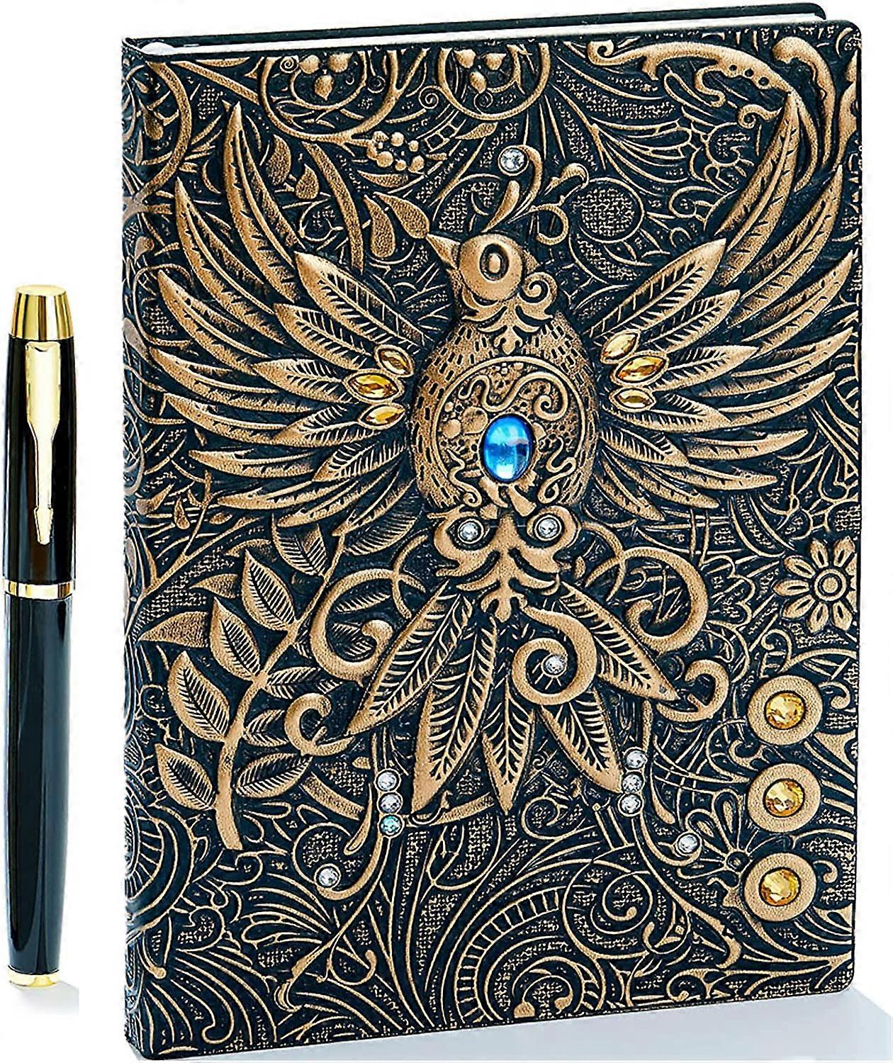 Vintage 3D Phoenix Embossed Leather Writing Journal Notebook with Gold Pen Set,A5,200Pages,Antique Handmade Daily Notepad Sketchbook,Travel Diary&Note