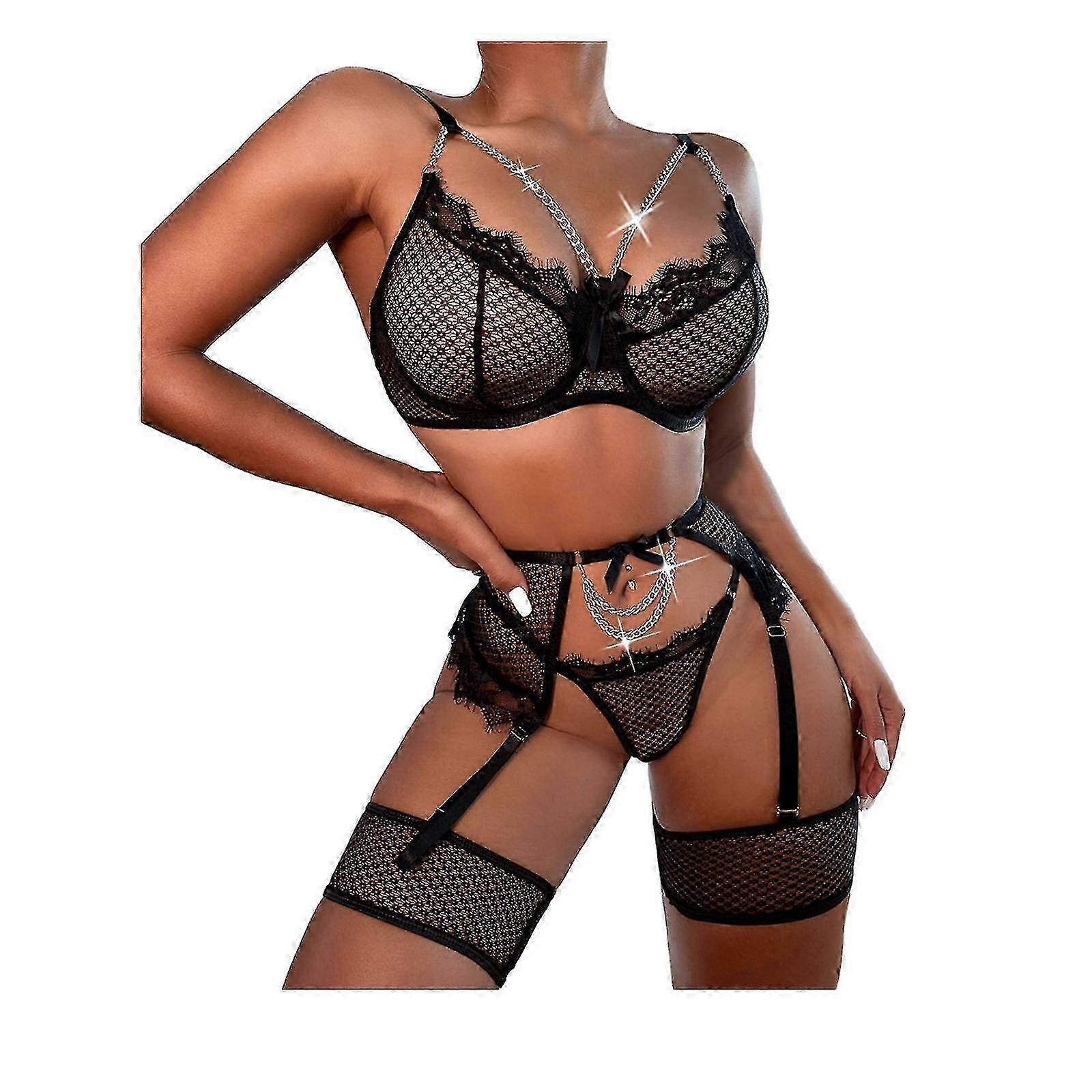 Garter Set Women's Underwear Fishnet Sexy Underwire Lace 4 Piece Chain Set S-XXL -GSL