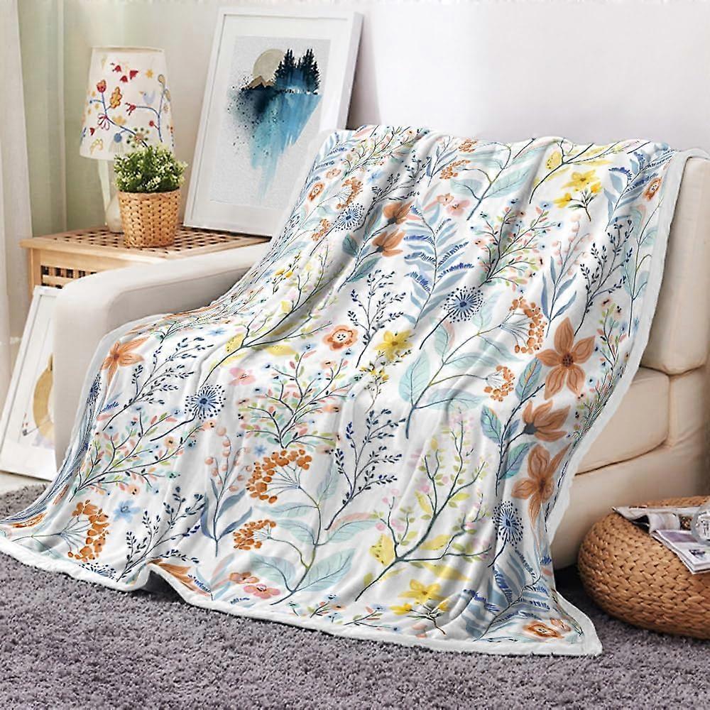 Cobertor Floral Azul e Amarelo, Cobertor de Lã com Flores, Cobertor de Viagem para Mulheres, Cobertor Leve e Quente para Quarto