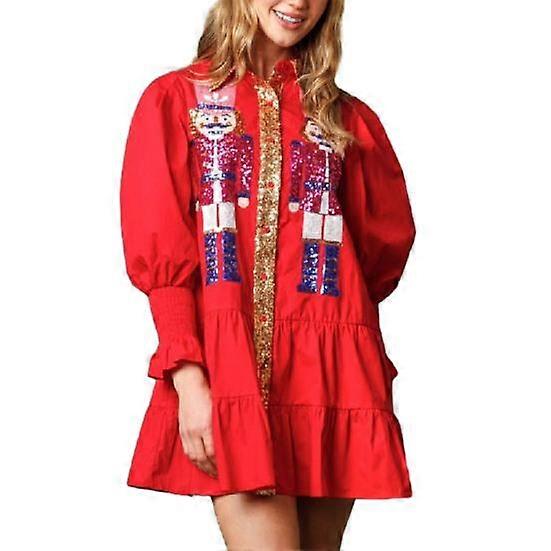 Women Dress Shiny Sequin Patchwork Lapel Cartoon A-line Long Sleeve Pattern Loose Ablve Knee Length New Year Party
