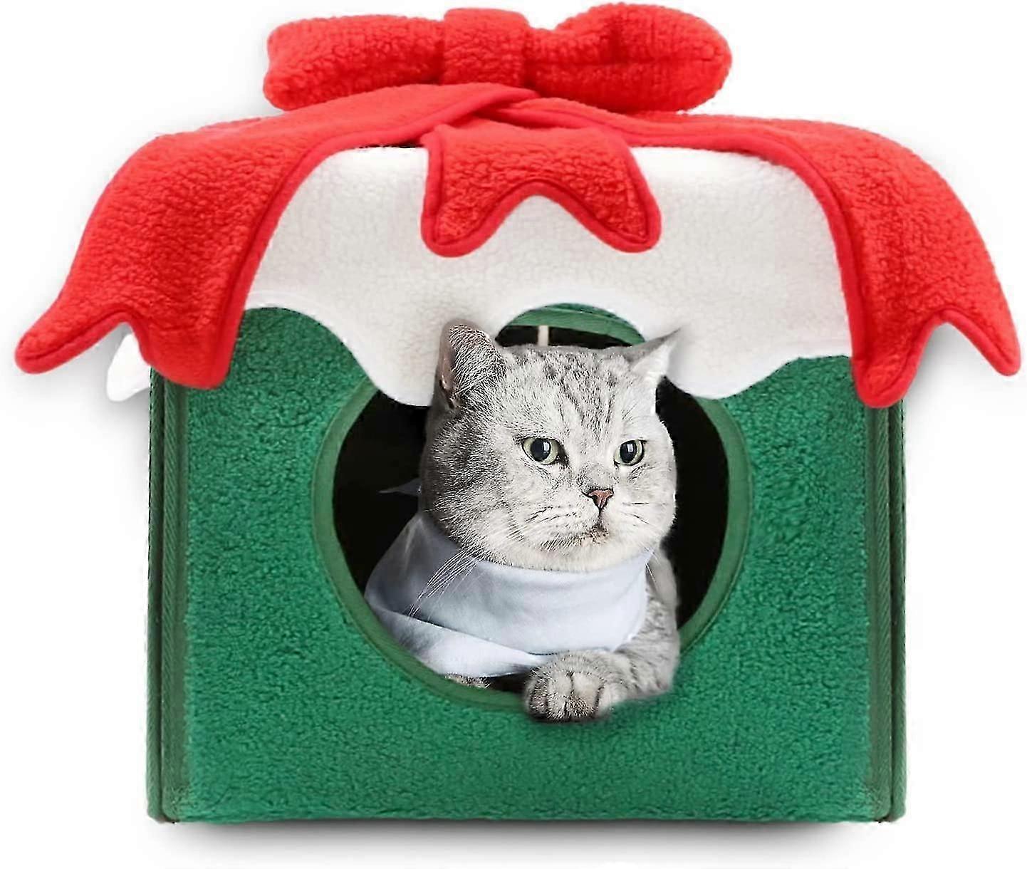 Christmas Cat House, Cat Beds for Indoor Cats, Kitten House Cat Bed Cave for Pet, Removable Washable