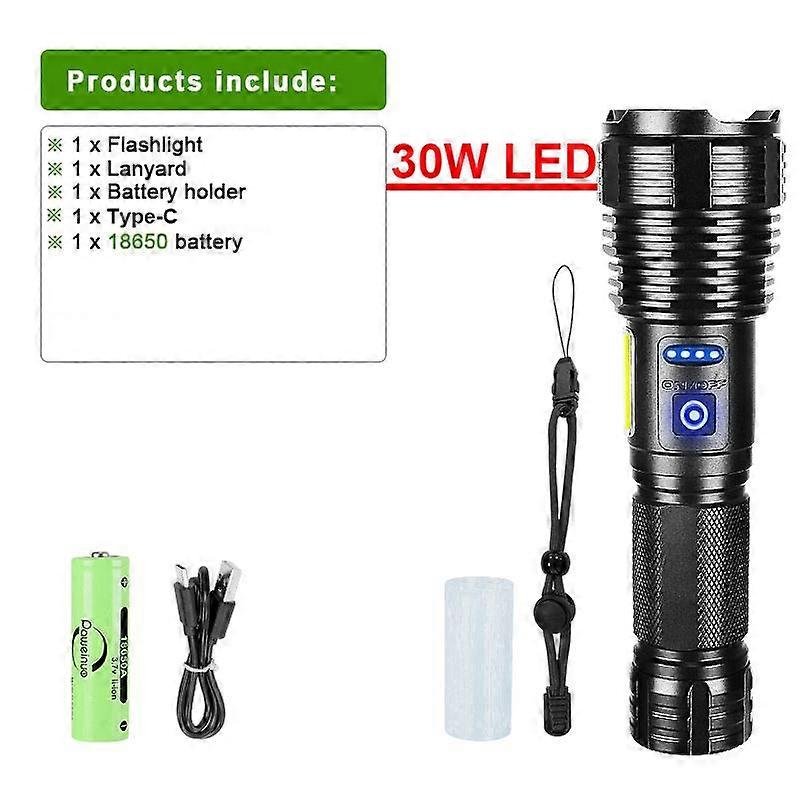 High Powerful 30W LED FlashLight Super Bright Torch Waterproof Lamp Rechargeable Torch Lights Outdoor Camping Lantern