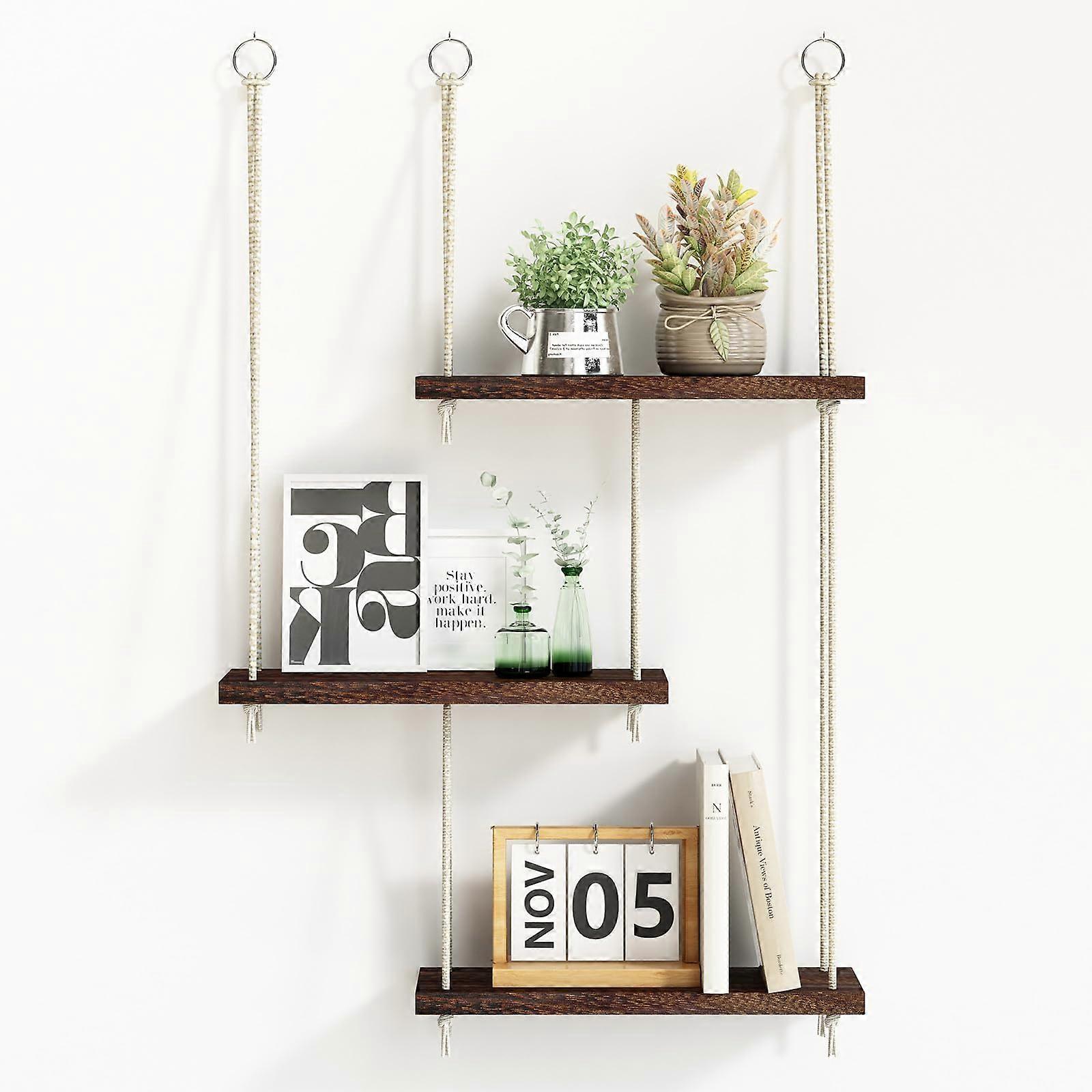 Boho Rustic Dark Brown Hanging Shelves for Bedroom Kitchen Storage Set