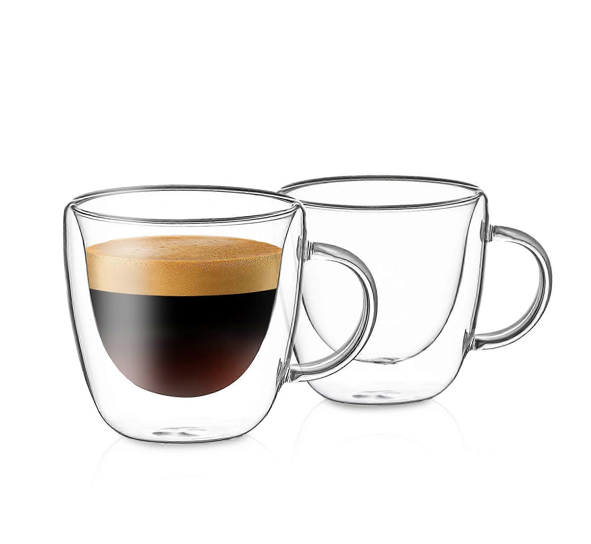 Double Wall Insulated Espresso Cups Set of 2, 4 Oz Borosilicate Glass Coffee Mugs with Handles, Thermal Clear Design