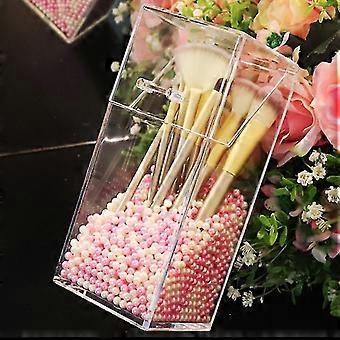 Soporte de cepillo de maquillaje Wekity, soporte de cepillo de maquillaje acrílico cuadrado con cubierta, estante de almacenamiento de cepillo de maquillaje (incluidas perlas rosas + beige)