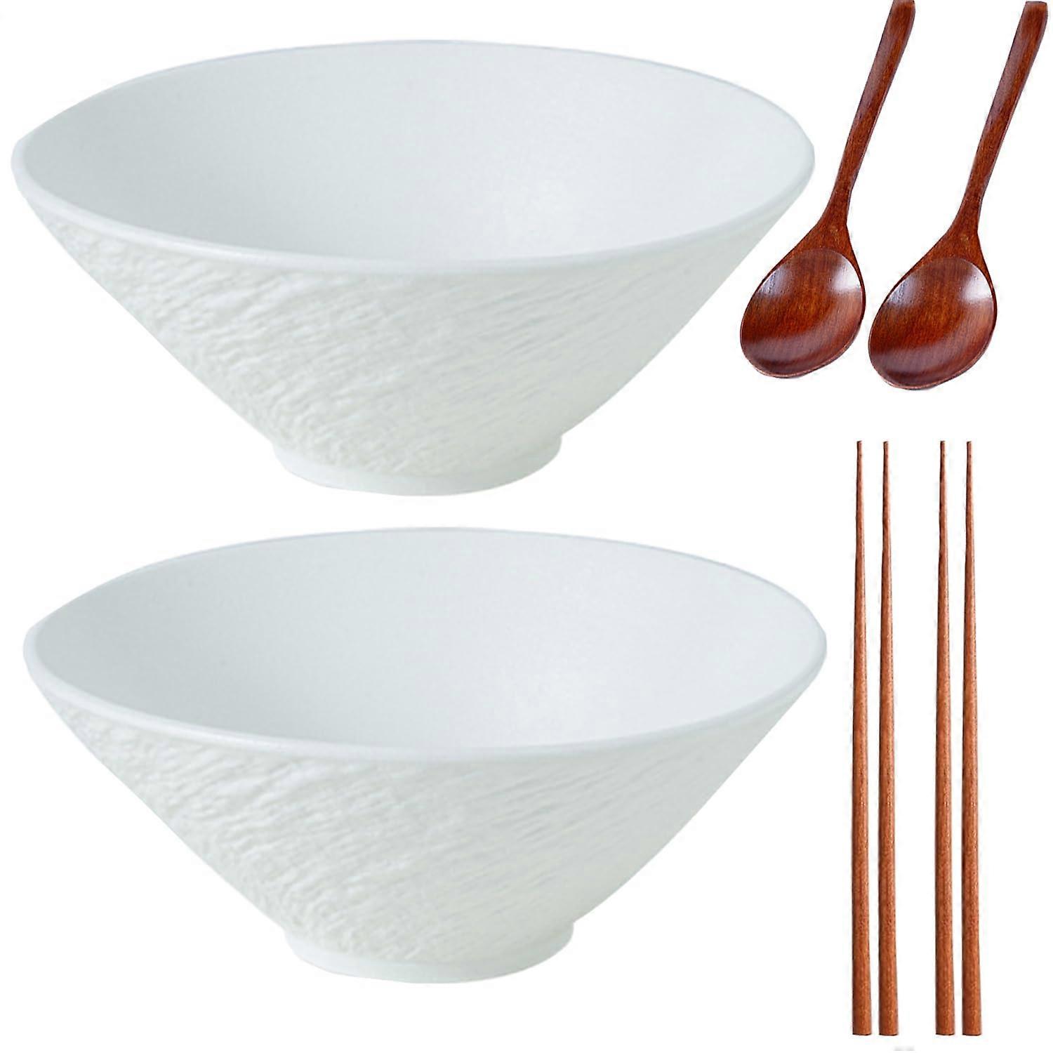 Ramen Bowl Set 2 x 1600 ml Ceramic Ramen Bowls with Soup Spoon and Chopsticks, Large White Pasta Salad Snack Bowls