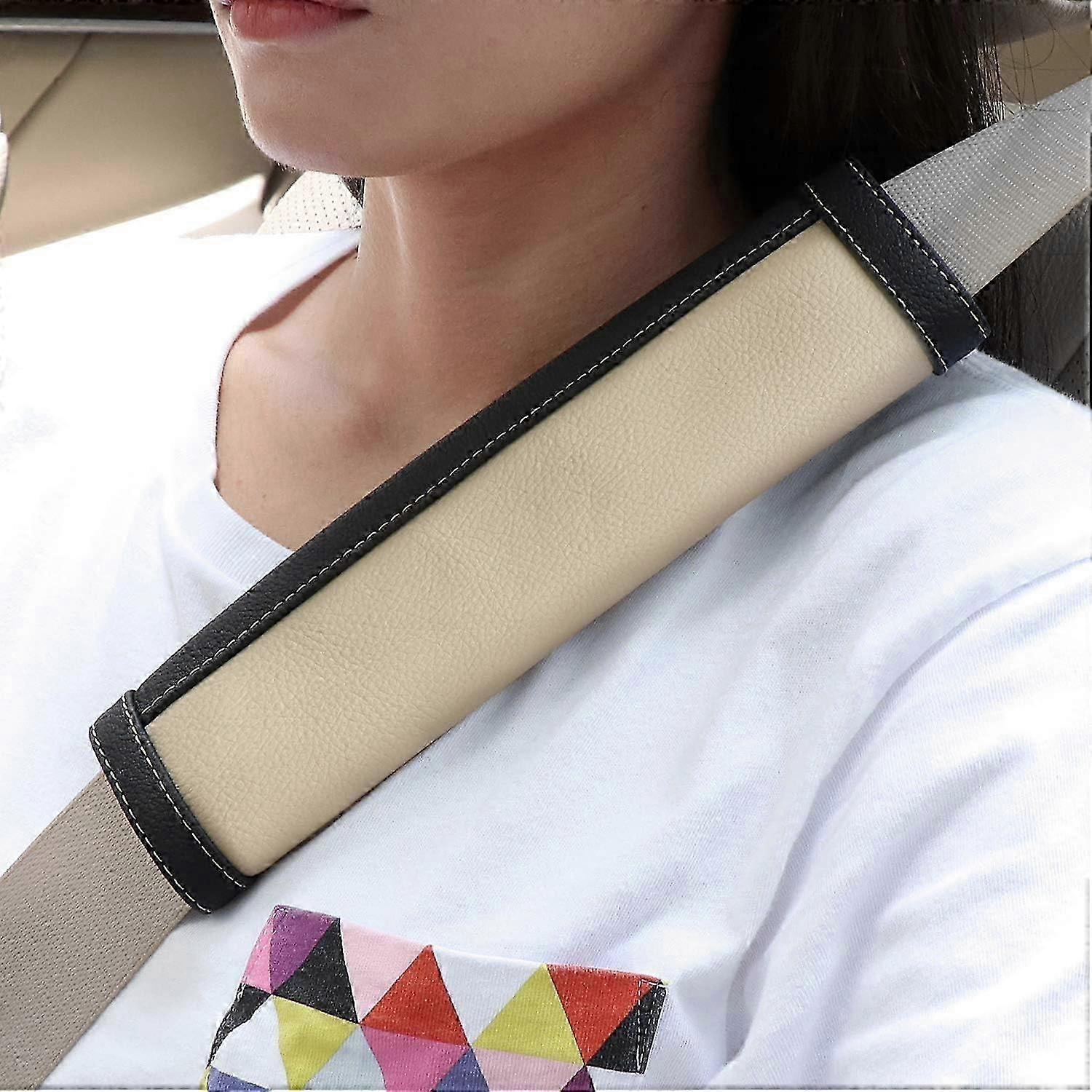 Set of 2, Black and Beige Car Seat Belt Pads, Leather Seat Belt Shoulder Pads for Adults and Kids
