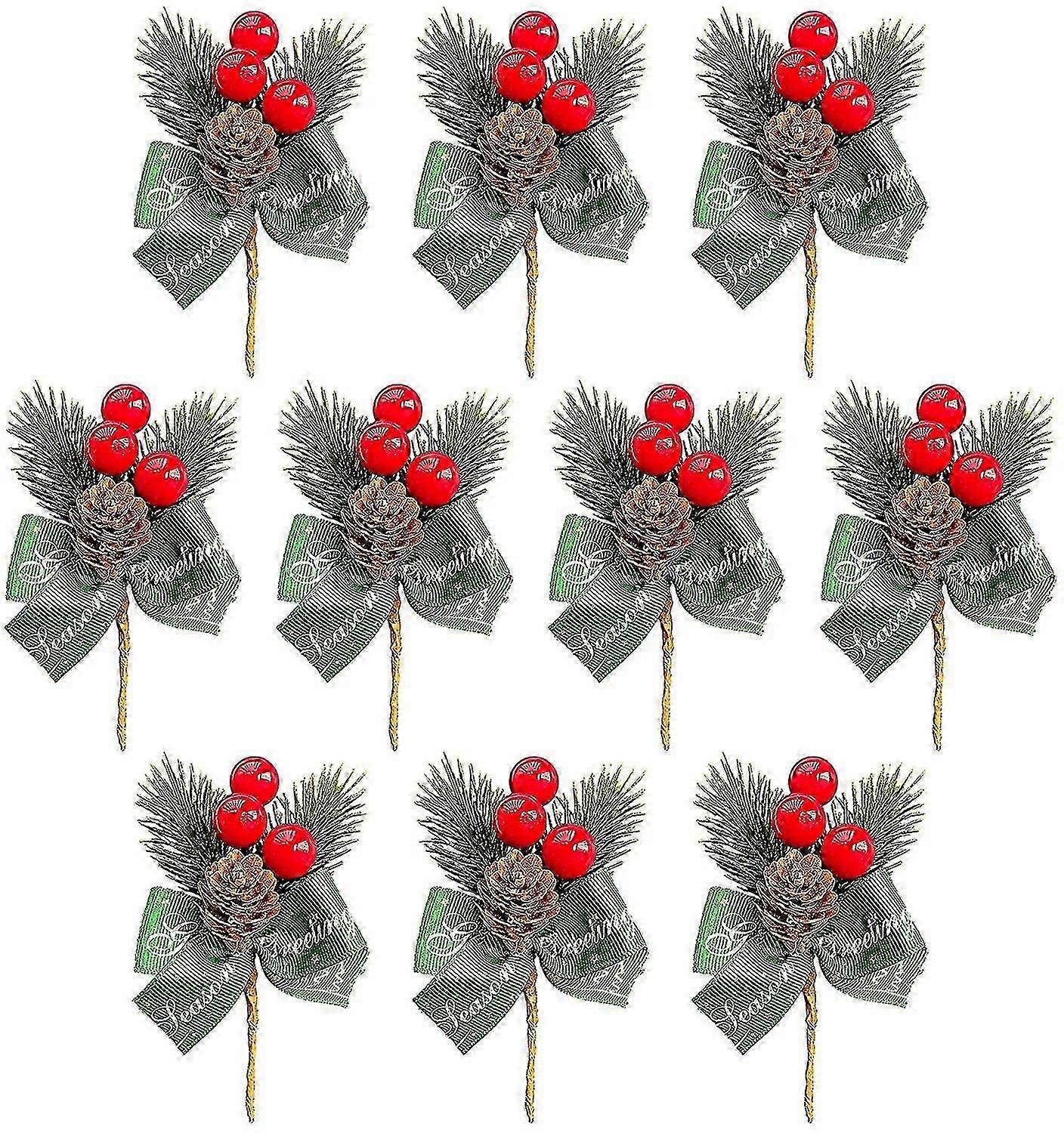 Set Of 20 Artificial Pine Needles With Red Pine Cones Stems With Bow For Christmas Tree Decorations