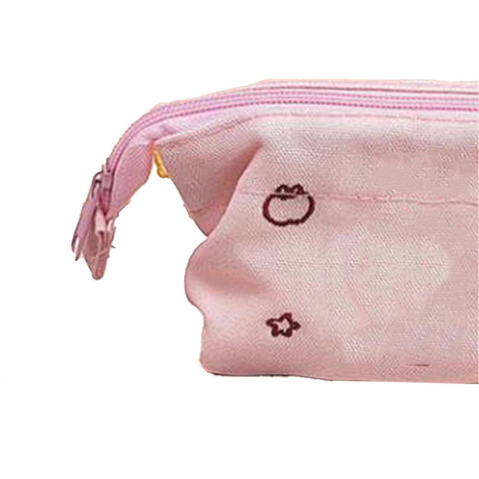 Pencil Case Lovely Embroidered Cartoon Pattern Large Capacity Canvas Stationery Bag for Students Pink