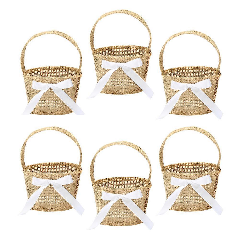 6pcs Handheld Burlap Flower Girl Baskets for Easter Eggs Wedding Natural Linen Portable Small Storage Containers