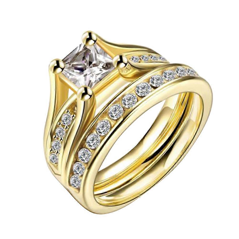 Wedding Ring Couple Jewelry Set with Square Cubic Zirconia for Special Occasions Gold Color Size 7 2Set