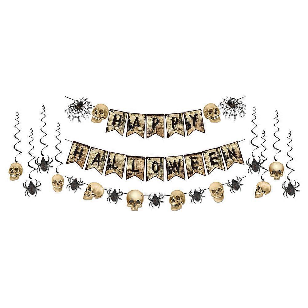 Spooky Halloween Decorations with Skull and Spider Banner for Party Decor Reusable Paper PVC 1 Set