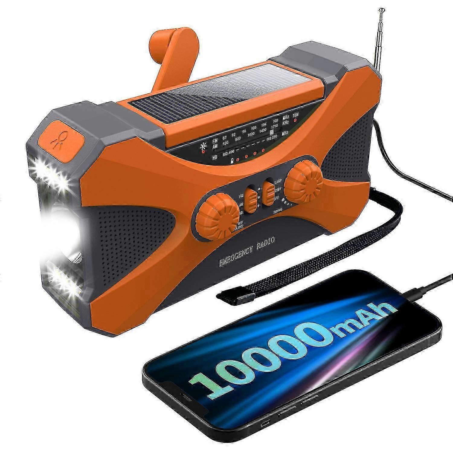 10000mah Emergency Radio Solar Hand Crank Radio Portable Am/fm/noaa Weather Radio with Phone Charger Flashlight Orange-yg