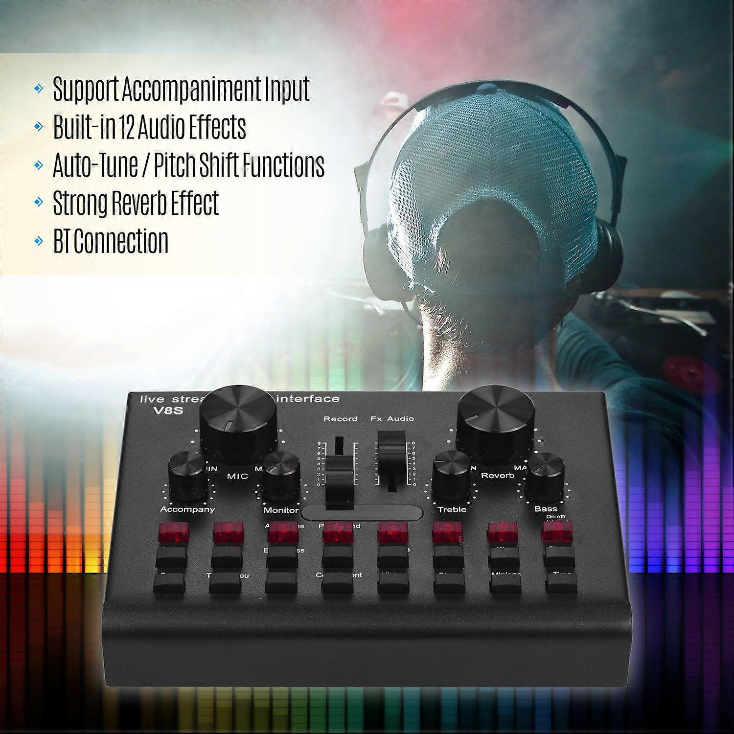 Multifunctional Live Streaming Sound Card USB Audio Interface Mixer Voice Device DJ Karaoke Equipment with Adjustable Volume 16 Effects Support BT Con