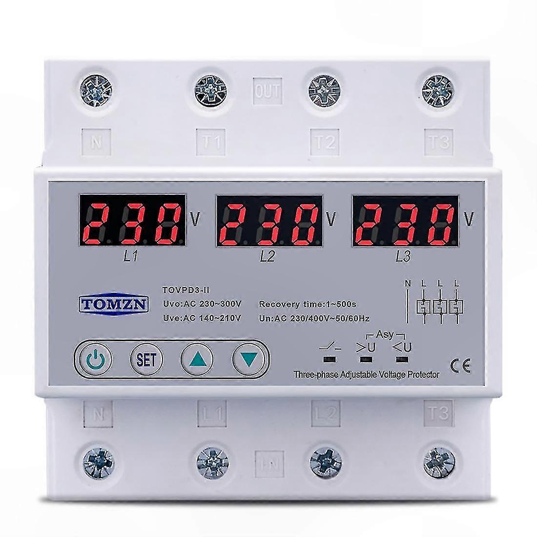 Automatic Voltage Protector, 3-Phase Adjustable Over/Under Protection, 63A 380V Resettable Safety Device