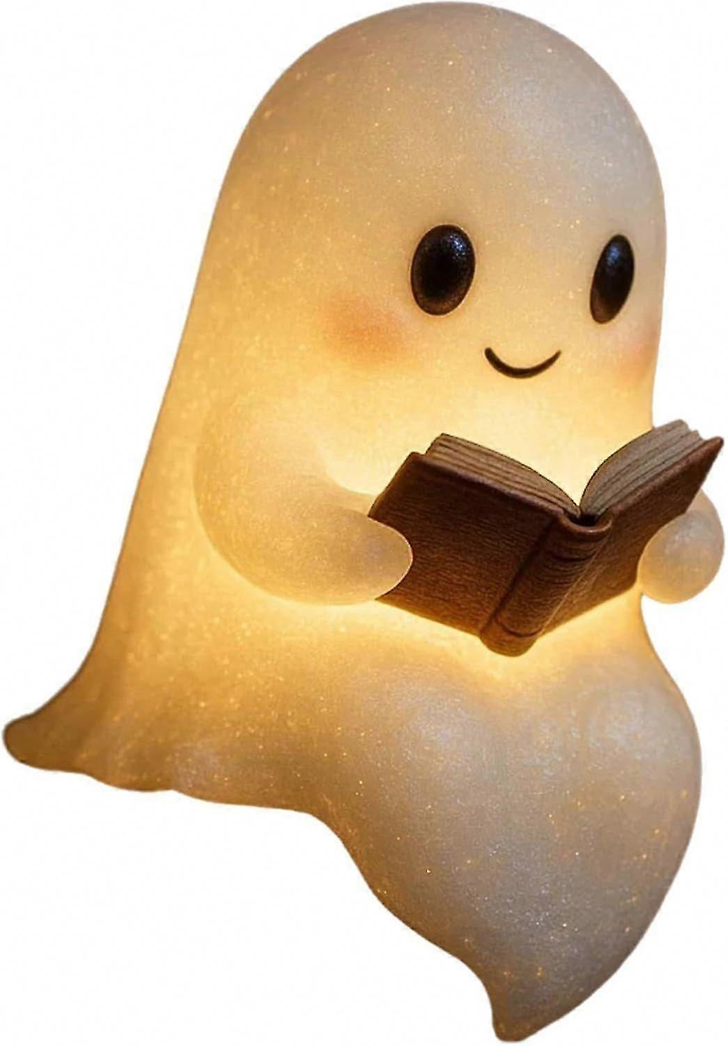 Cute Ghost Reading Book Lamp, Halloween Light Up Ghost Statue Night Light for Home Decor, Warm Ghost Figurine Lamps for Indoor Mantel Party
