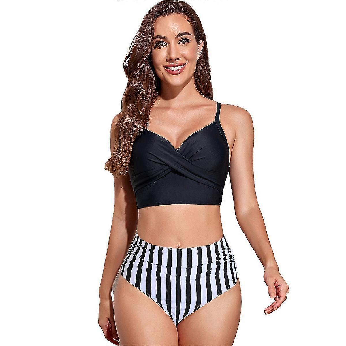 2025 Kaxidy Femmes Bikini Set Deux Pièces Col V Haut Maillots De Bain Maillots Avec Short Taille Haute Maillots De Bain Vert Noir-Blanc