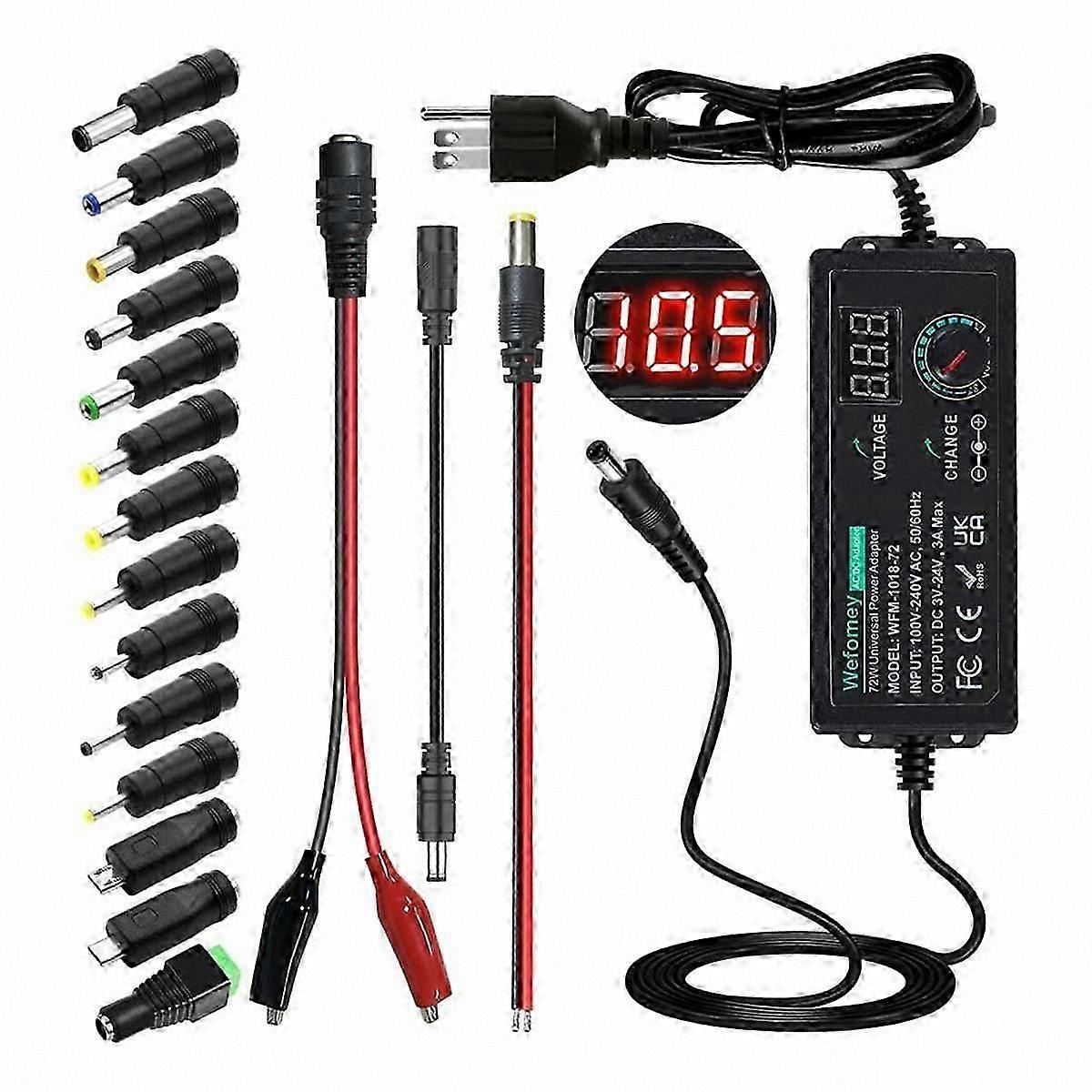 Adjustable AC/DC Power Supply 3V-24V 3A 72W Variable Converter with US Plug, Compatible with Multiple Voltages 3V 5V 6V 9V 12V 18V 20V 24V Input 100V-