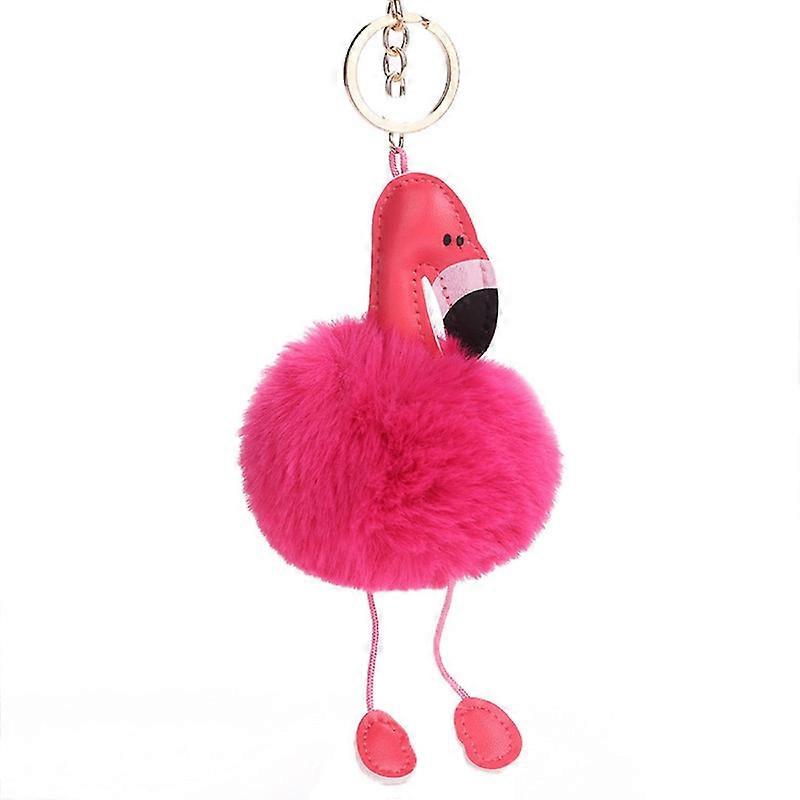 Renikh Key Chain PU Leather Flamingo Shape Lightweight Adorable Fur Ball Fluffy Key Chain for Daily