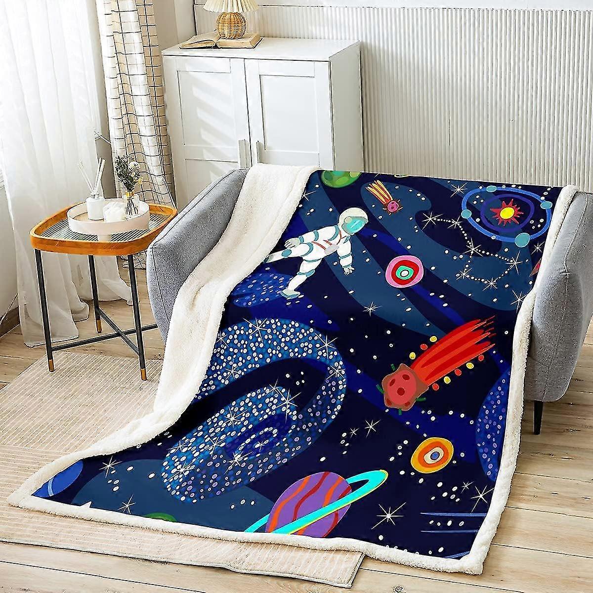 Cartoon Astronaut Rocket Sherpa Blanket Galaxy Fleece Throw Blanket for Bed Sofa Kids Outer Space Plush Blanket Universe Planet Warm Fuzzy Blanket Sta