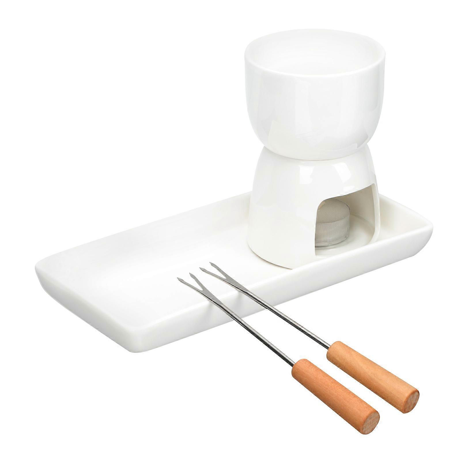 4 Sets Of Kitchen Fondue Pot With Ceramic Material Suitable For Home Use In White Color Designed For Chocolate Melting And Cheese Heating