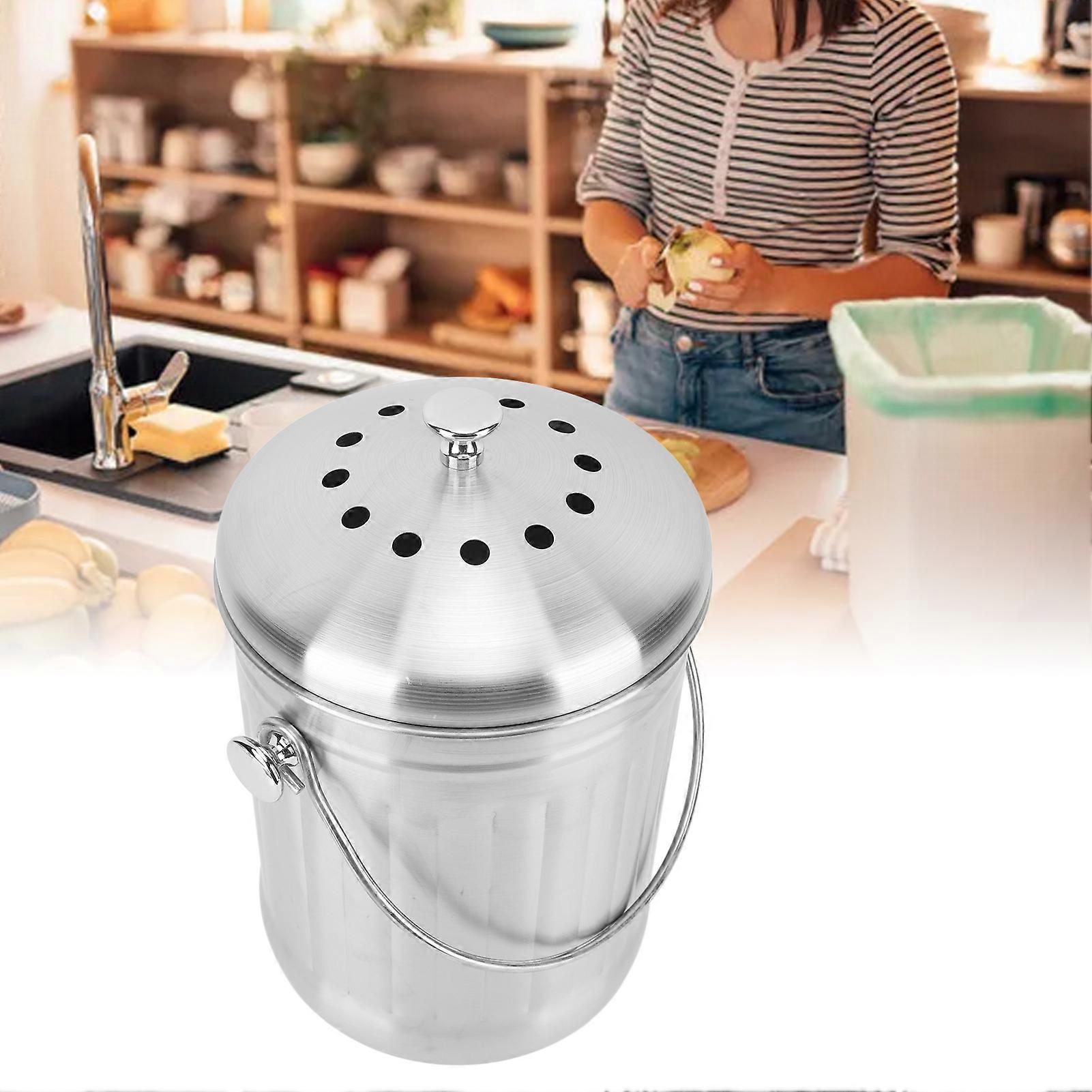 Compost Bin Stainless Steel Charcoal Filters Large Handle Easy to Clean Compost Bucket for Family Kitchen Cafe Bar 