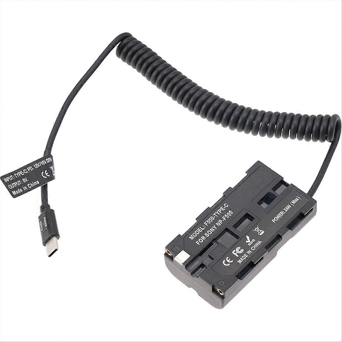 Coiled USB Type C Power Cable Cord to Decoded NP-F Dummy Battery for Power Shinobi Monitor Video C