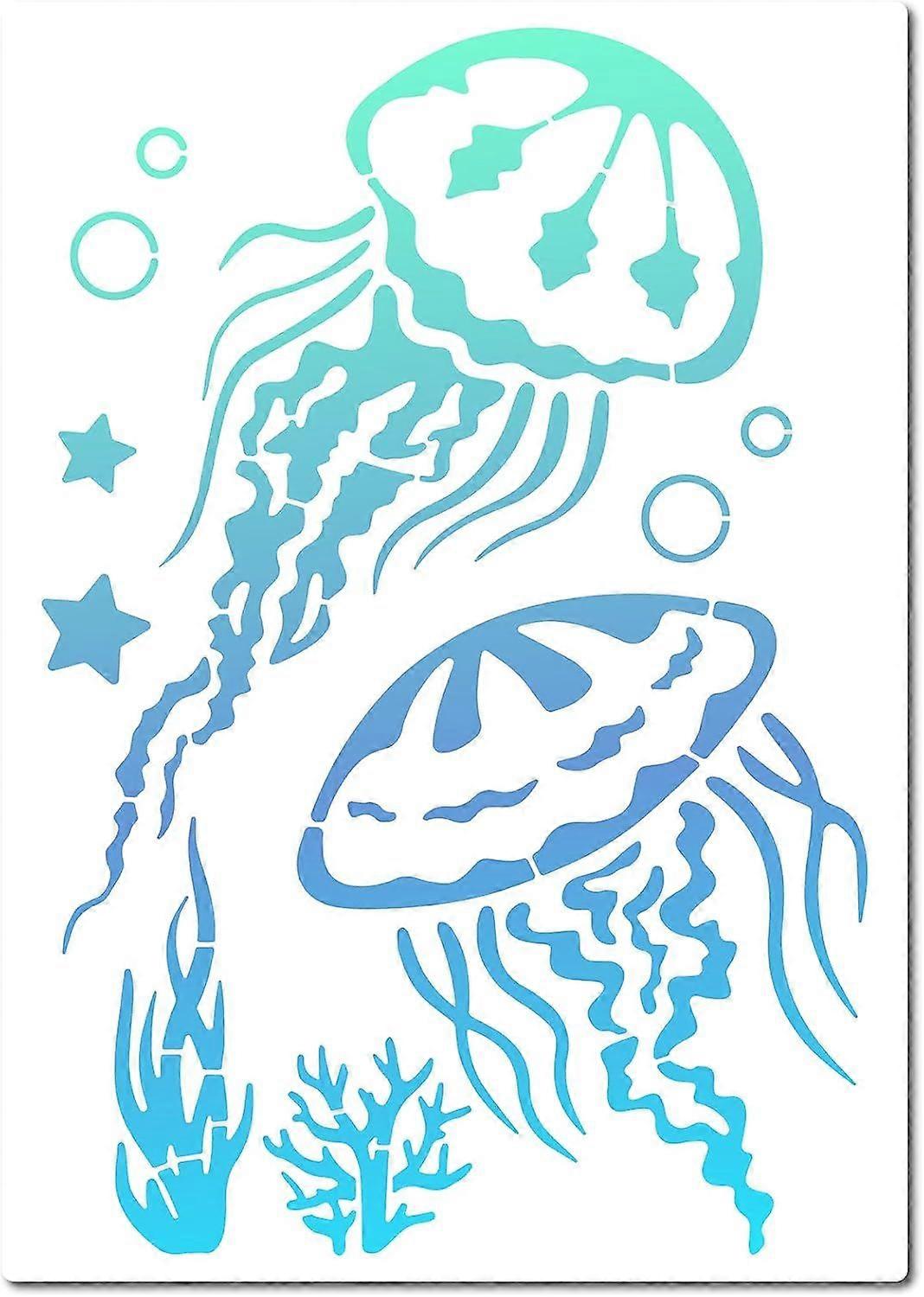 Jellyfish Stencil 3021cm Marine Life Stencils Seaweed Ocean Theme Templates Reusable Sign Square Stencil Hollow Out Drawing Template for Painting on W
