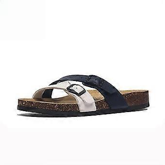 Adjustable Strap Cork Sandals - Unisex Slides for Beach & Home, Two-Tone Stripe Design