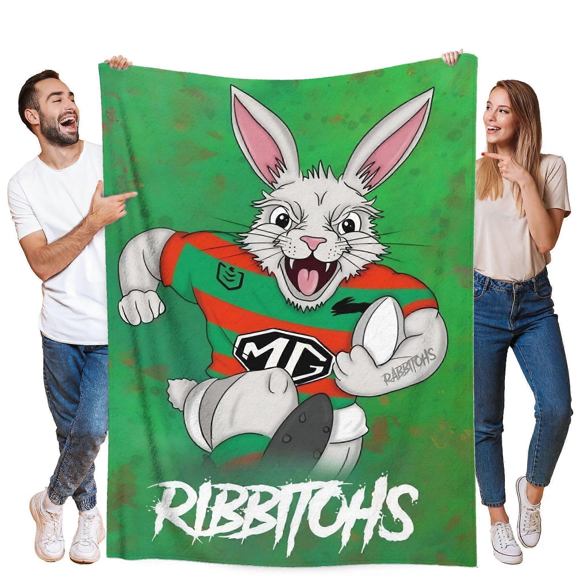 Rabbitohs Ultra-Soft Flannel Blanket - Cartoon Rabbit Design with "Rabbitohs" Text, All-Season Cozy Throw for Living Roo-PHGFD29