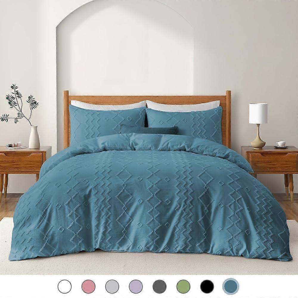 Queen Duvet Cover Set Navy Blue Boho Reversible Tufted Geometric Design with Zipper and Pillowcases