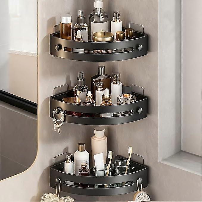 Corner Shower Shelf Rust Proof Triangle Bathroom Organizer with Towel Hooks No Drill Black 3Pack