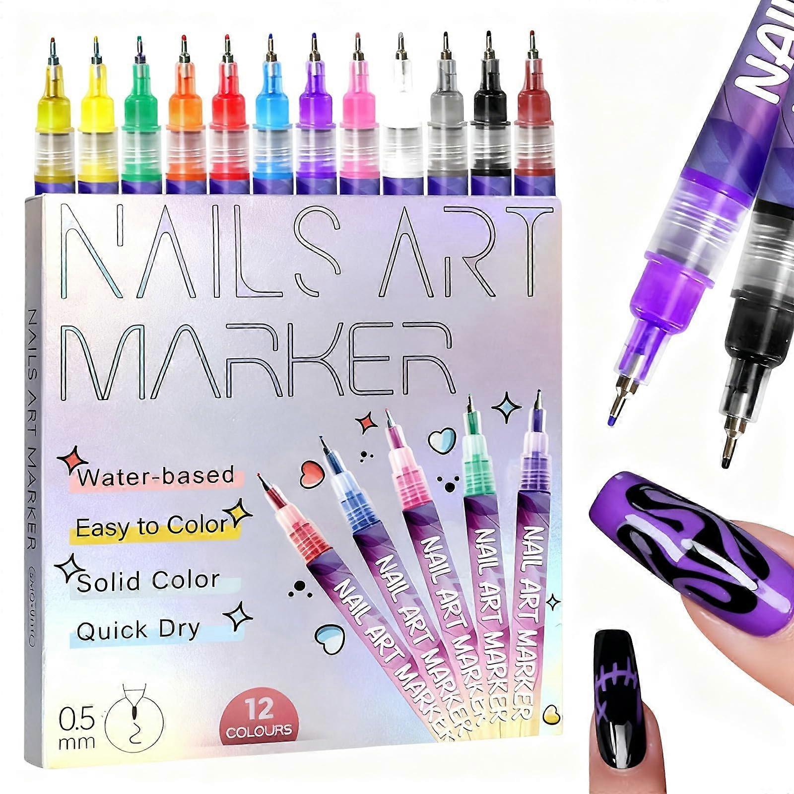 12 Colors Nail Art Pens Set with Precision Fine Tip, Acrylic Markers for Detailing and DIY Designs
