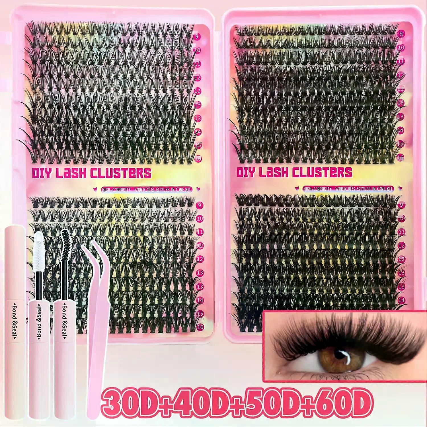 DIY False Eyelash Extension Kit Natural Fluffy Thick Volume Lashes with Glue & Tweezers (30D40D50D60D80D100D, 9-16mm Mixed)