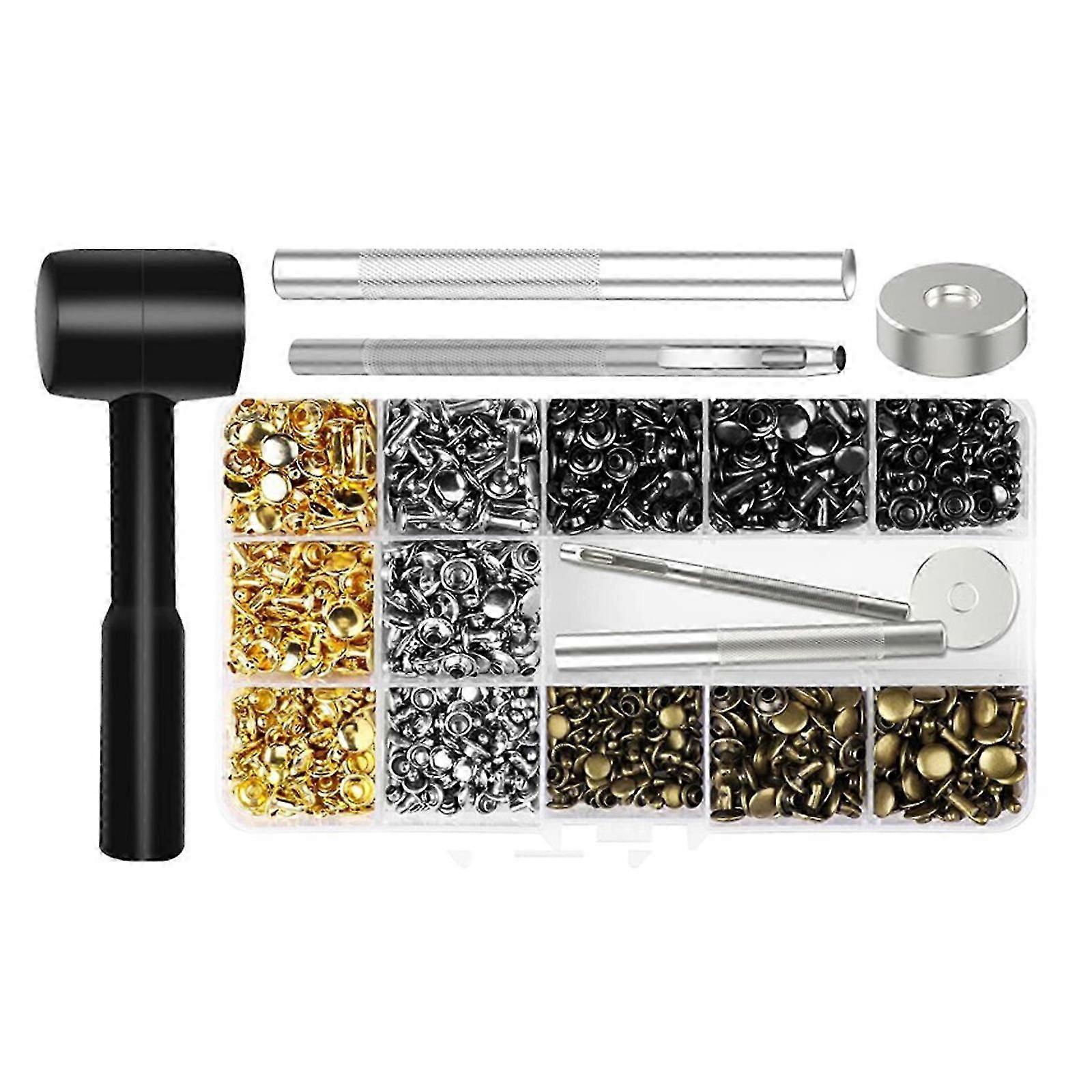 480 Set Leather Rivets Double Caps Rivets Metal Studs With 3 Setting Tool Hammer For Leather Craft Repair